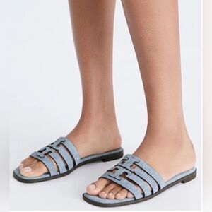 Tory Burch Ines Caged Denim Sandals Slides Logo Detail Strappy